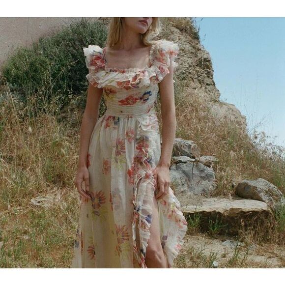 Doen Dresses & Skirts - Doen Ernestine Dress RARE Sweet Gardenia Silk Organza Maxi SZ L Fairy Coquette